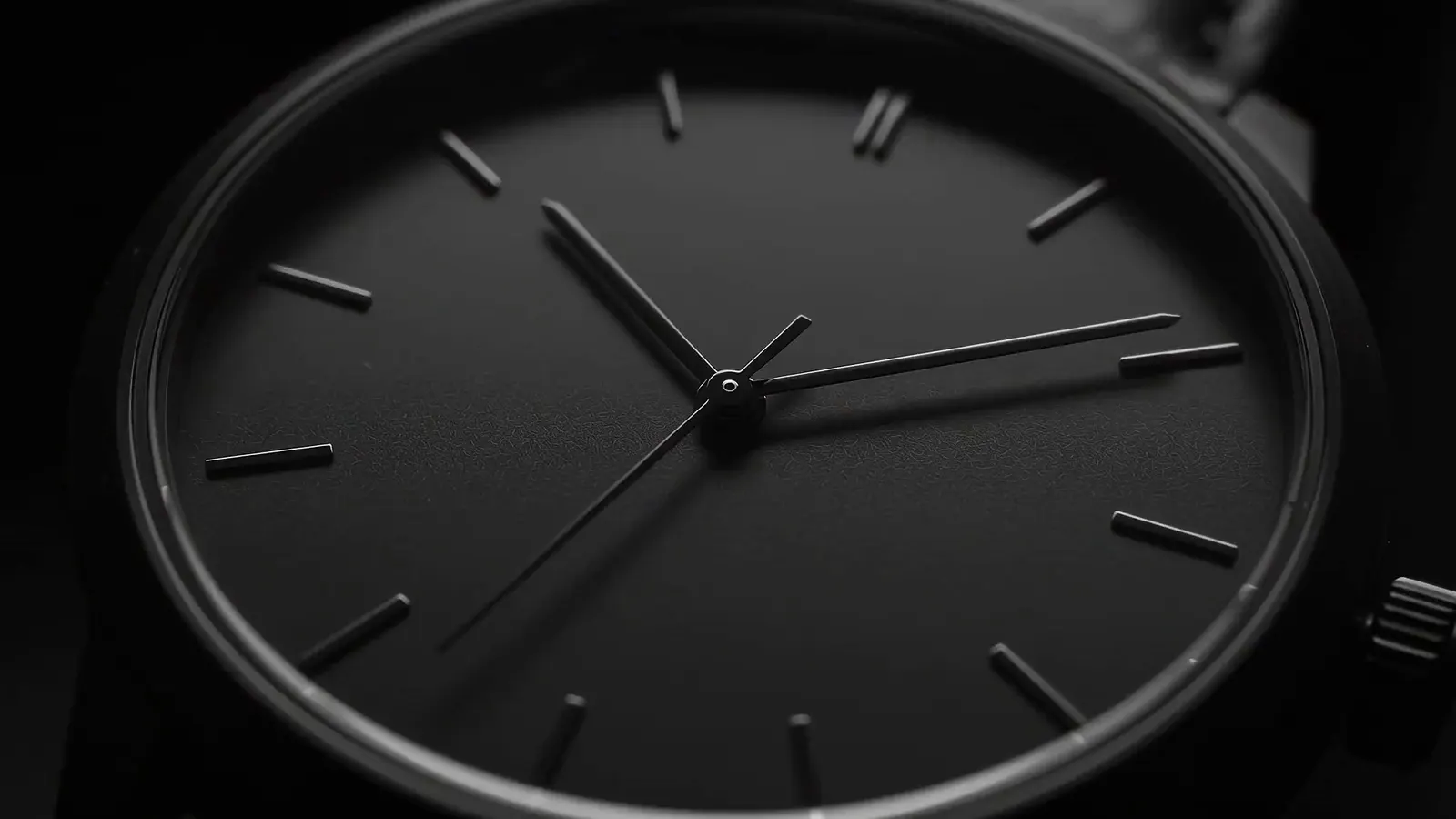 Mit KI erzeugtes Symbolbild: schwarzes Zifferblatt einer Herrenuhr in Nahaufnahme